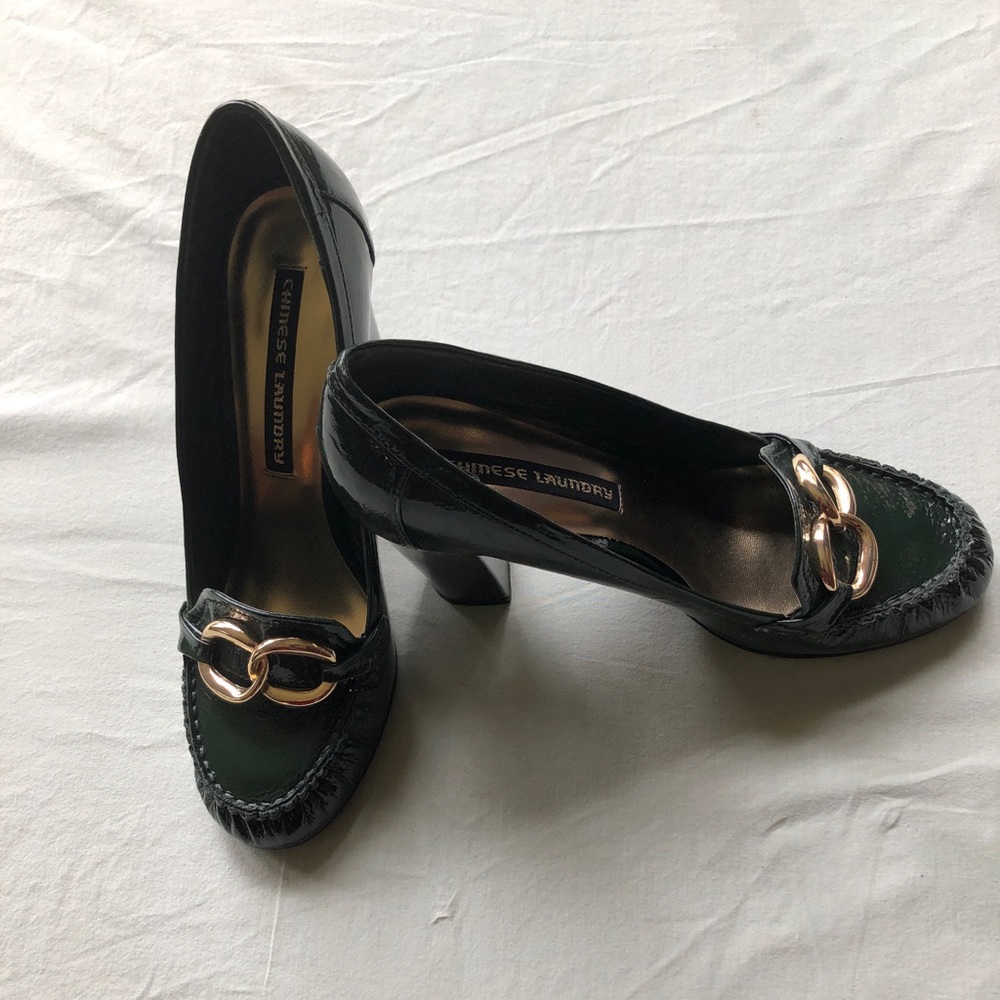 Dark green, patent leather, high but sturdy heel 9M great condition worn once